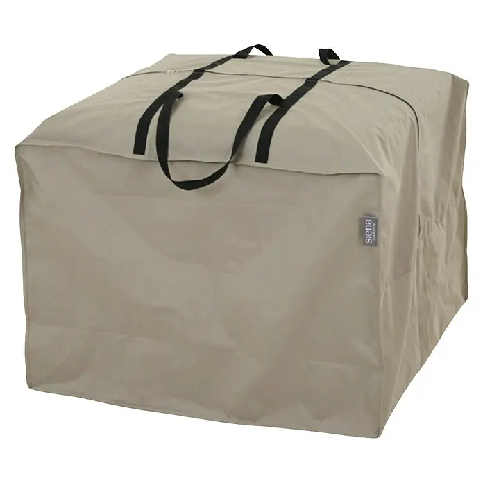 Siena Garden Auflagen-Schutzhülle PLUS - L x B x H: 80 x 80 x 56 cm, Polyester, TPU laminiert, Beige - Hellbeige Gartenmöbelabdeckung mit schwarzen Trageriemen und "Siena Garden" Etikett.
