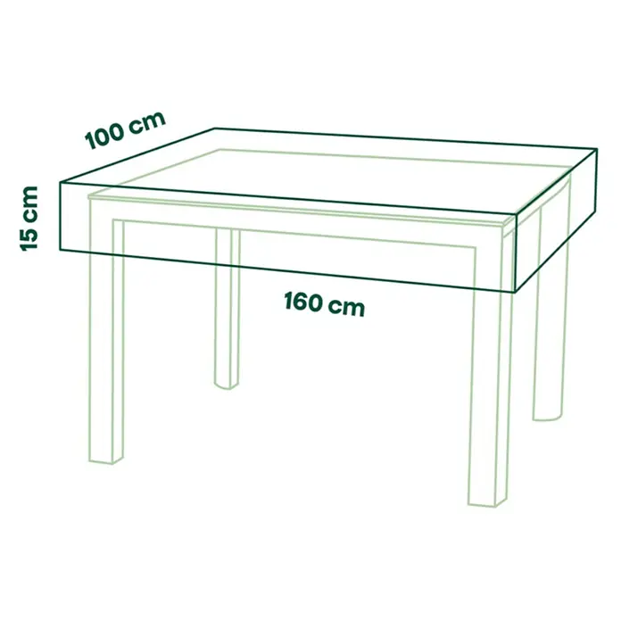 Siena Garden Gartentisch-Schutzhülle PLUS - L x B x H: 160 x 100 x 15 cm, Polyester, TPU laminiert, Beige - Skizze eines rechteckigen Tisches mit Maßen: 160 cm Länge, 100 cm Breite, 15 cm Tischplattenhöhe.