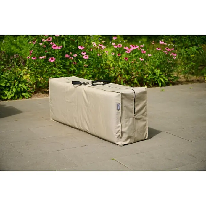 Siena Garden Auflagen-Schutzhülle PLUS - L x B x H: 125 x 32 x 50 cm, Polyester, TPU laminiert, Beige - Lange, rechteckige, beigefarbene Aufbewahrungstasche aus Stoff mit schwarzen Tragegriffen und Reißverschluss.