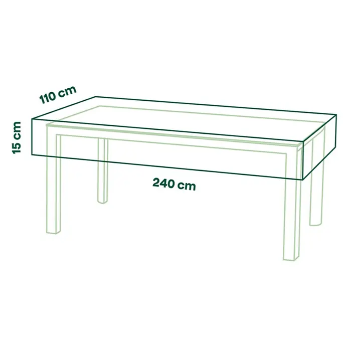 Siena Garden Gartentisch-Schutzhülle PLUS - L x B x H: 240 x 110 x 15 cm, Polyester, TPU laminiert, Beige - Grüne Umrisse eines rechteckigen Tisches mit den Maßen 240x110x15 cm.