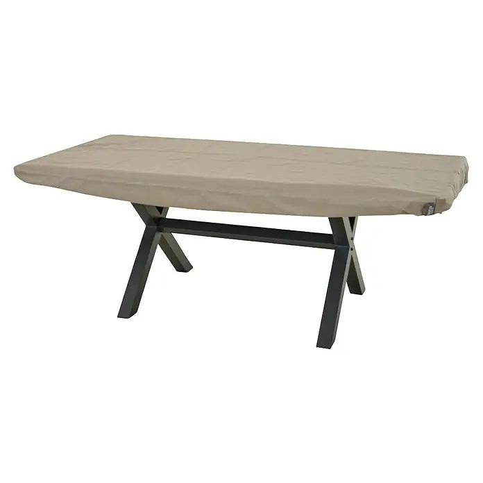 Siena Garden Gartentisch-Schutzhülle PLUS - L x B x H: 200 x 110 x 15 cm, Polyester, TPU laminiert, Beige - Rechteckiger Tisch mit beigefarbener Schutzhülle und schwarzem X-förmigem Gestell.