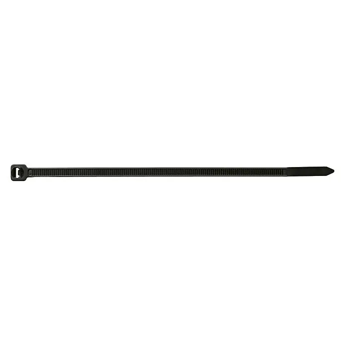 Index Bridas para cables de Nylon - An x L: 25 x 200 mm, Plástico, Negro - Este primer plano muestra una brida de cable negra, una herramienta práctica utilizada para organizar y asegurar cables y otros artículos.