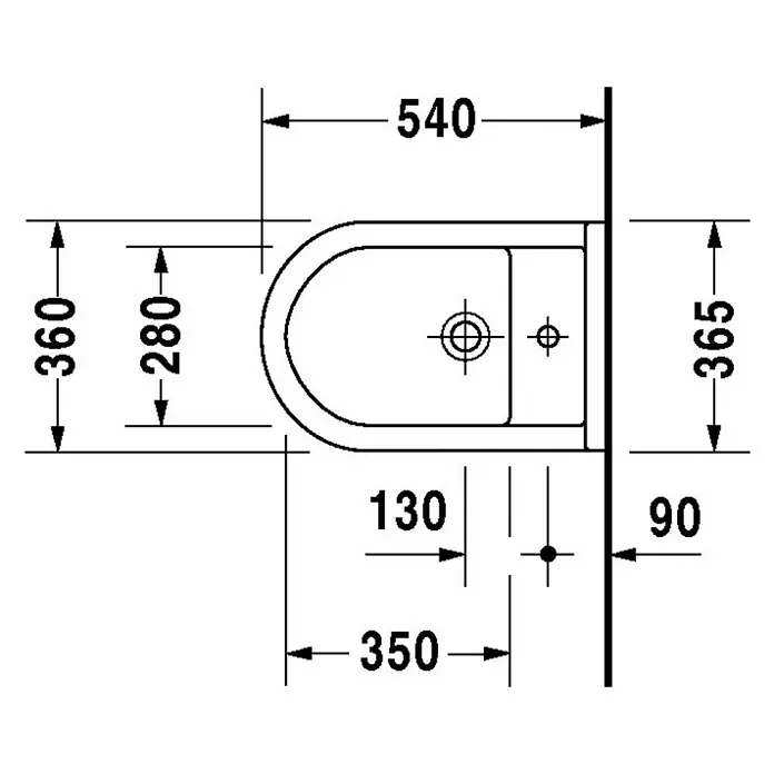 Duravit Starck 3 Wand-Bidet Typ 2 - 36 x 54 cm, Weiß, Keramik, Ohne Spezialglasur - Draufsicht auf ein Sanitärkeramik-Bidet mit Maßangaben, das die Abmessungen und Installationsdetails des Produkts hervorhebt.