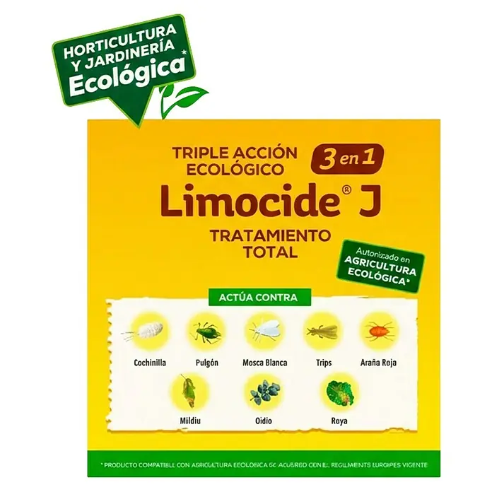 Antiorugas biológico Limocide J - 250 ml - Etiqueta amarilla y verde de Limocide J, un tratamiento ecológico 3 en 1 para horticultura y jardinería, eficaz contra plagas y enfermedades.
