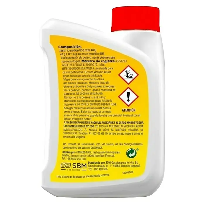 Antiorugas biológico Limocide J - 250 ml - Botella blanca con tapón rojo y etiqueta amarilla con pictogramas de peligro e información del producto.