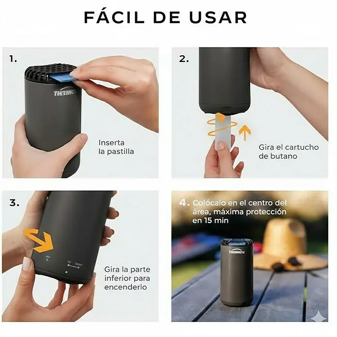 Thermacell Recambio Antimosquitos 120 horas - 40 pzs. - Dispositivo cilíndrico gris oscuro antimosquitos siendo ensamblado y encendido, luego colocado en el exterior.