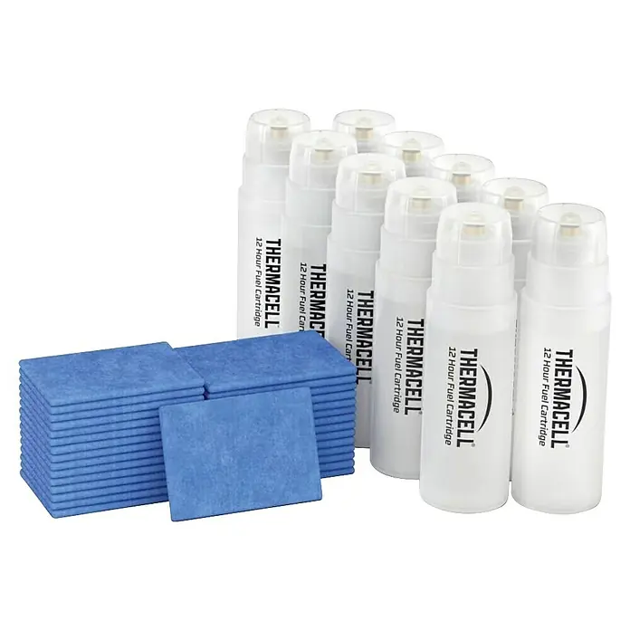 Thermacell Recambio Antimosquitos 120 horas - 40 pzs. - Cartuchos de combustible blancos Thermacell de 12 horas y alfombrillas repelentes azules, usados como recambios.