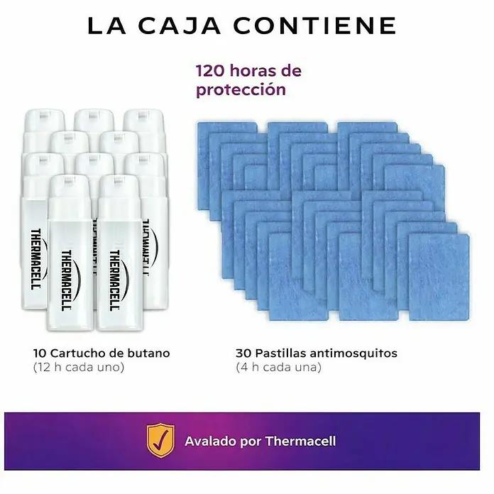 Thermacell Recambio Antimosquitos 120 horas - 40 pzs. - Pack de recarga Thermacell con 10 cartuchos de butano y 30 pastillas azules antimosquitos, 120 horas de protección.