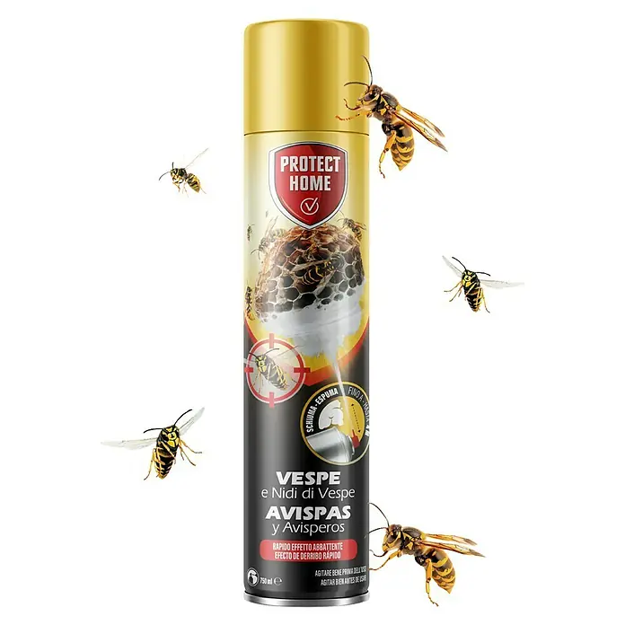 Spray antiavispas Protect Home - 750 ml - Aerosol amarillo y negro para eliminar avispas y nidos de avispas, con avispas volando.