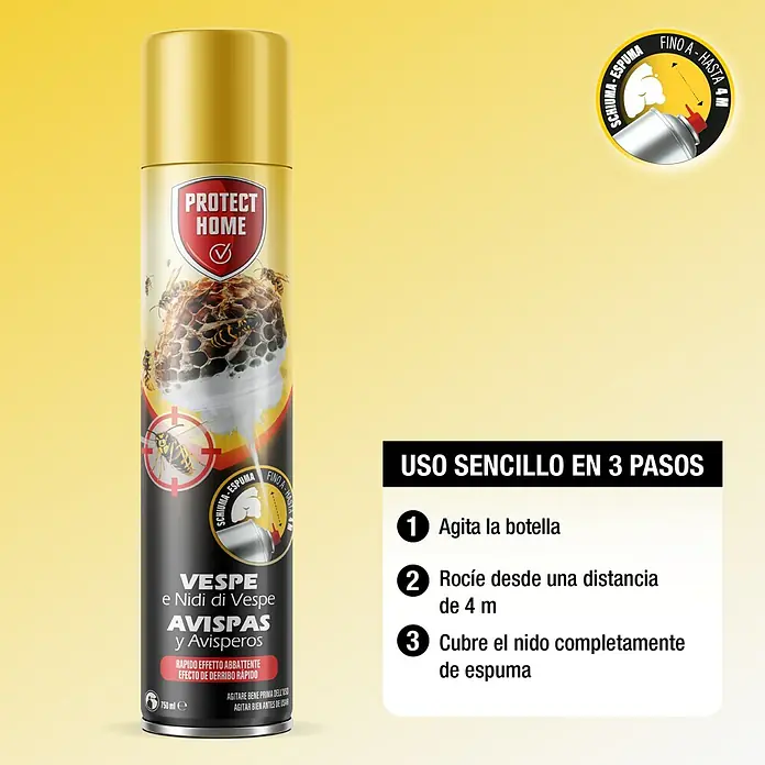 Spray antiavispas Protect Home - 750 ml - Aerosol de espuma Protect Home 750ml negro y dorado para avispas y nidos, eficaz hasta 4m, con instrucciones.