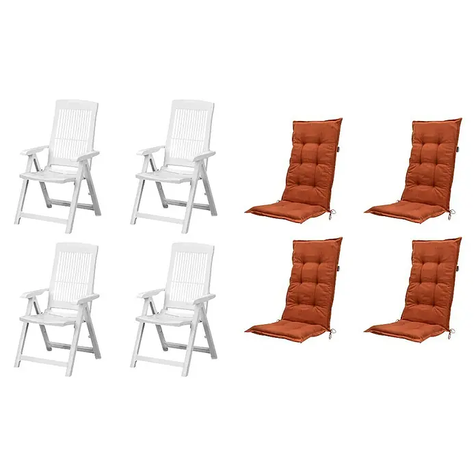 Progarden Gartenstuhl-Set Tampa - 8 Stk., Polypropylen, Polyester, Baumwolle, Weiß/Terra, B x T x H: 61 x 60 x 109 cm - Set aus vier weißen Klappgartenstühlen und vier braunen, gesteppten Outdoor-Sitzauflagen.