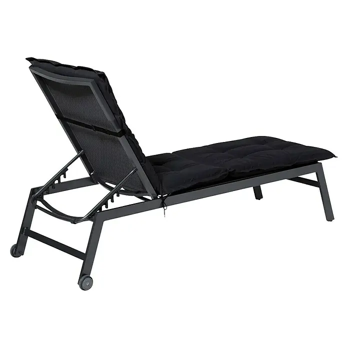 Madison Gartenmöbel-Auflage - Liegenauflage, L x B x H: 200 x 60 x 6 cm, Baumwolle, Polyester, Schwarz - Dunkelgraue Metall-Sonnenliege mit schwarzem Polsterkissen, verstellbarer Rückenlehne und Rädern.