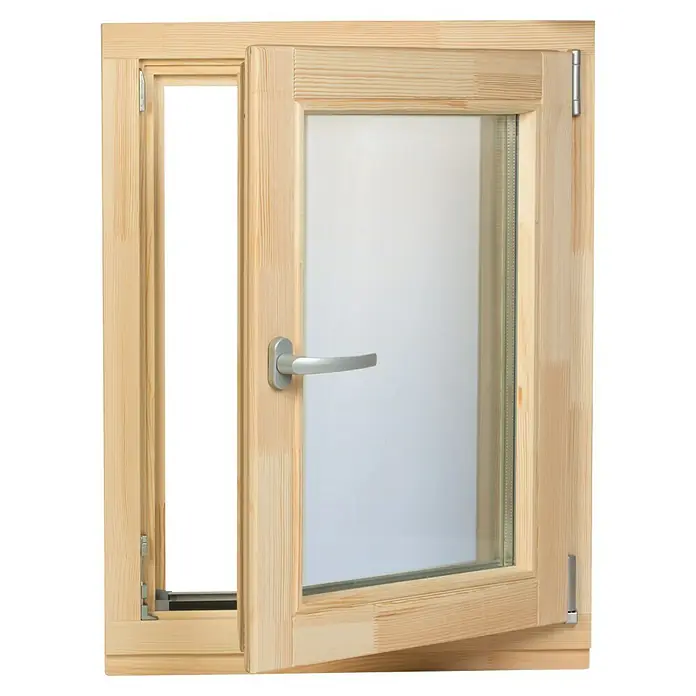 Panto Holzfenster - 80 x 100 cm, Verglasung: 2-fach, DIN Anschlag: Rechts, Natur - Helles Holzfenster mit Naturmaserung, leicht geöffnet, mit silbernem Griff.