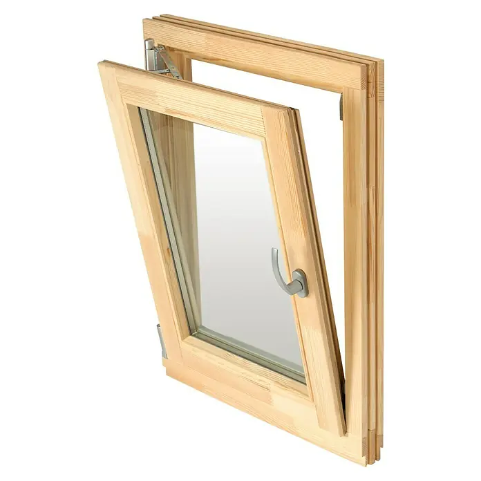 Panto Holzfenster - 60 x 60 cm, Verglasung: 2-fach, DIN Anschlag: Links, Natur - Kippbares helles Holzfenster mit silbernem Griff und Metallbeschlägen.