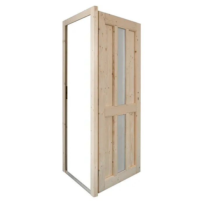 Panto Nebeneingangstür NET 506 - 98 x 198 cm, DIN Anschlag: Links - Teilweise geöffnete Holztür mit Glaseinsätzen und Türrahmen aus hellem Naturholz.