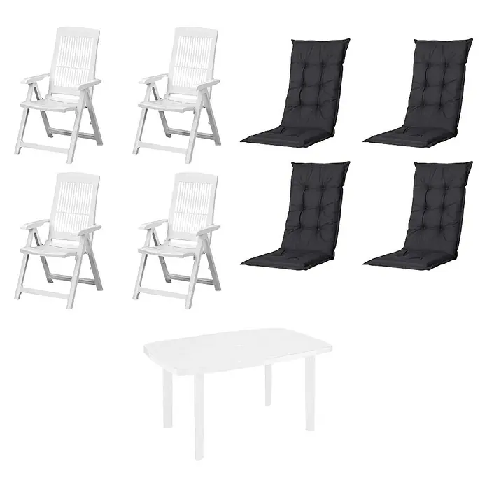 Progarden Gartenmöbel-Set Tampe/Faro - 9 -tlg., Polypropylen, Polyester, Baumwolle, Weiß/Schwarz - Set aus 4 weißen Kunststoff-Gartenstühlen, 4 dunkelgrauen Auflagen und 1 weißem Kunststofftisch.