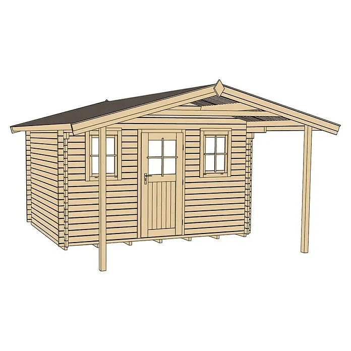 Weka Gartenhaus Weekendhaus 138 A - Außenmaß inkl. Dachüberstand (B x T): 450 x 510 cm, Holz, Natur, 19 m² - Abbildung eines Holzschuppens mit Vordach. Der Schuppen hat Fenster, eine Tür und ein dunkles Dach. Das Holz ist hellbraun.