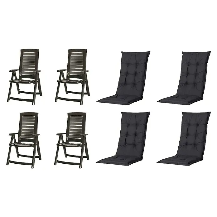 Progarden Gartenstuhl-Set Aruba - 8 Stk., Polypropylen, Polyester, Baumwolle, Schwarz, B x T x H: 61 x 60 x 109 cm - Dunkelbraune Gartenstühle und dunkelgraue Stuhlkissen.