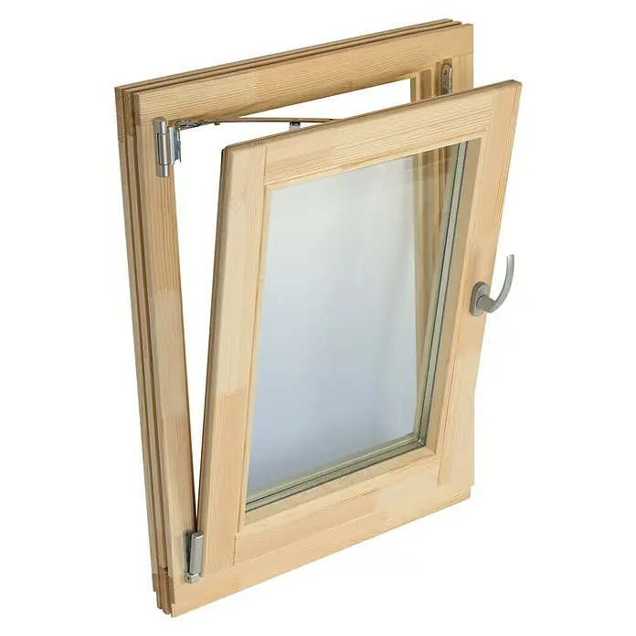 Panto Holzfenster - 60 x 60 cm, Verglasung: 2-fach, DIN Anschlag: Links, Natur - Offenes Fenster aus Naturholz mit Klarglas, silbernen Scharnieren und Griff.