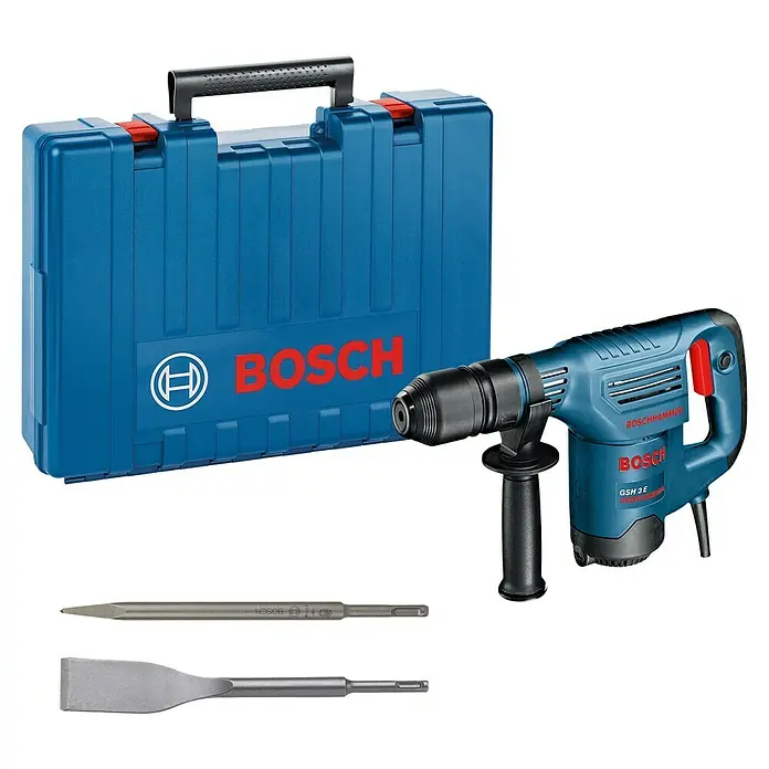 Bosch Professional Abbruchhammer GSH 3 - 650 W, 2,6 J, SDS-Plus-Aufnahme - Blauer Bosch GSH 3 E Professional Bohrhammer mit Transportkoffer und zwei SDS-plus Meißeln (spitz und flach).