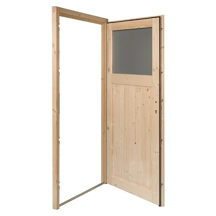 Panto Nebeneingangstür NET 504 - 98 x 198 cm, DIN Anschlag: Rechts - Offene Tür aus hellem Holz mit Rahmen und oberer Glasscheibe.
