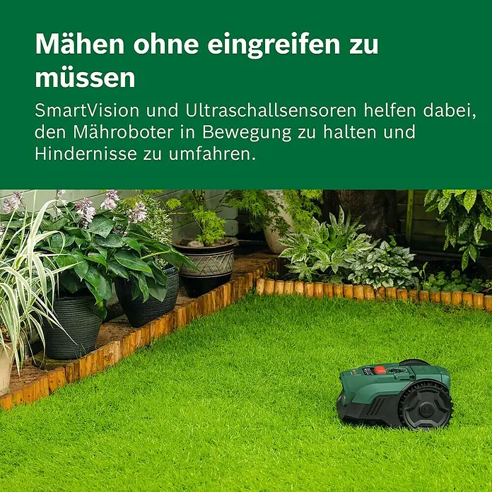 Bosch Power for All 18V Mähroboter VISIMOW 18V-100 - 100 m², Schnittbreite: 16 cm, Kamera-gestützte Navigation, Ultraschallsensorik, Ohne Akku - Ein grün-schwarzer Mähroboter auf grünem Rasen in einem Garten, neben Topfpflanzen.