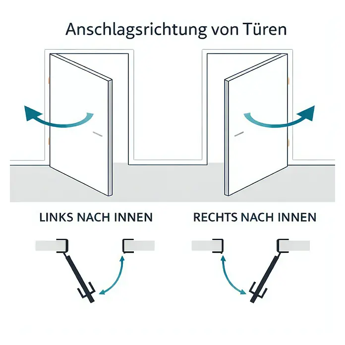 Panto Haustür K 014 - 110 x 210 cm, DIN Anschlag: Links, Weiß - Diagramm zur Anschlagsrichtung von Türen, zeigt links- und rechtsanschlagende, nach innen öffnende Türen.