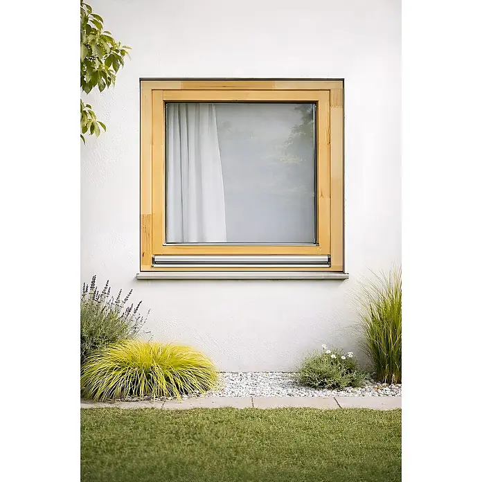 Panto Holzfenster - 80 x 100 cm, Verglasung: 2-fach, DIN Anschlag: Rechts, Natur - Modernes Holzfenster mit hellem Naturrahmen, mit Blick nach draußen.