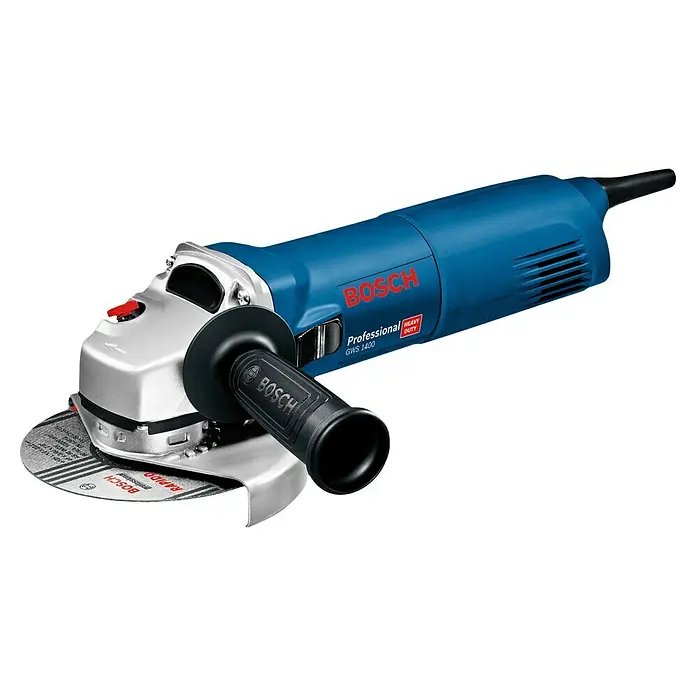 Bosch Professional Elektro-Winkelschleifer GWS 1400 - Durchmesser Scheibe: 125 mm, Leerlaufdrehzahl: 11.800 U/min - Blauer und silberner Bosch Professional Winkelschleifer mit schwarzem Zusatzhandgriff und Trennscheibe für den Dauereinsatz.