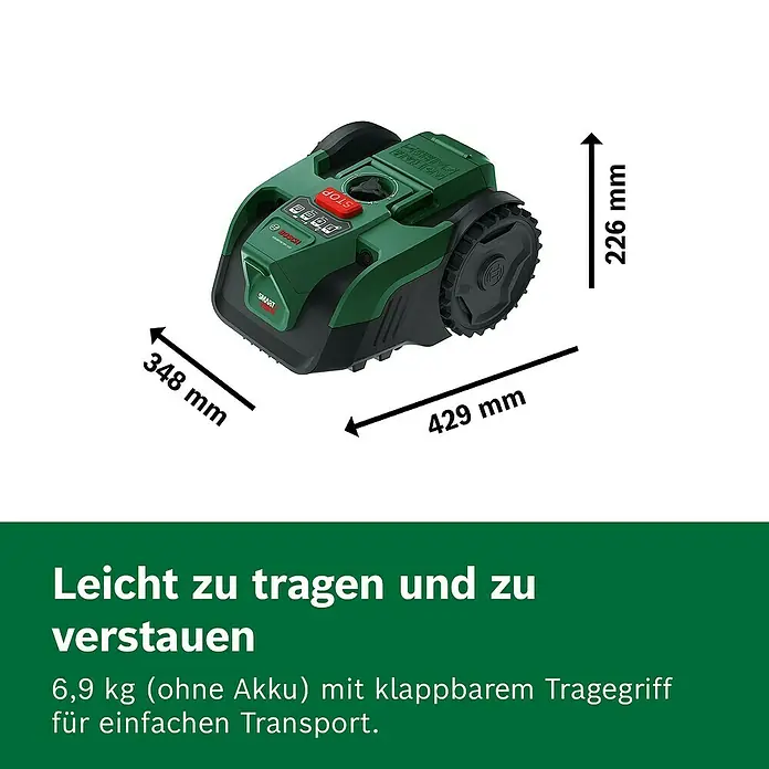 Bosch Power for All 18V Mähroboter VISIMOW 18V-100 - 100 m², Schnittbreite: 16 cm, Kamera-gestützte Navigation, Ultraschallsensorik, Ohne Akku - Grün-schwarzer Bosch Mähroboter, 429x348x226 mm, 6,9 kg, für einfachen Transport.