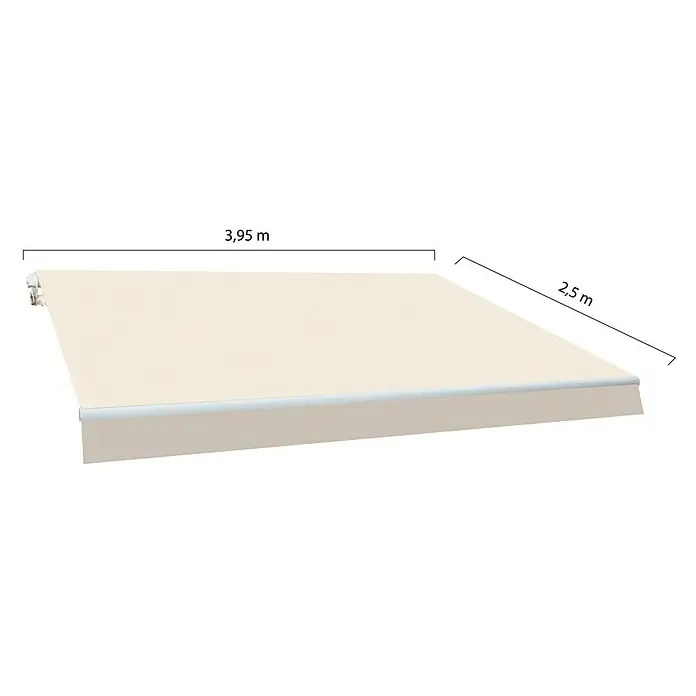SmartSun Toldo de brazos extensibles Original Kit Acrílico - Crudo, Ancho: 4 m, Caída: 2,5 m - Imagen de un toldo beige con dimensiones de 3,95 m x 2,5 m, ideal para proporcionar sombra y protección solar en exteriores.