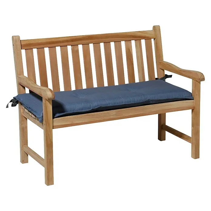 Madison Bankauflage - Kobaltblau, L x B: 120 x 48 cm - Eine hellbraune Gartenbank aus Holz mit einem blauen Sitzkissen, das mit Bändern befestigt ist.