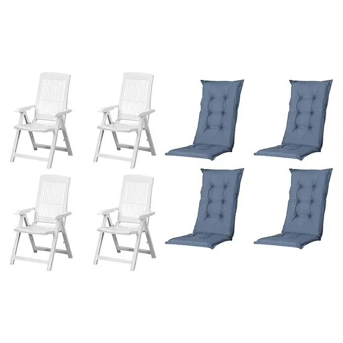 Progarden Gartenstuhl-Set Tampa - 8 Stk., Polypropylen, Polyester, Baumwolle, Weiß/Kobaltblau, B x T x H: 61 x 60 x 109 cm - Vier weiße klappbare Gartenstühle und vier blaue gepolsterte Sitzauflagen.