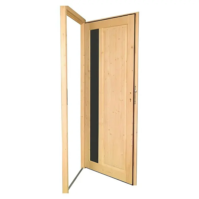 Panto Nebeneingangstür NET 510 - 98 x 198 cm, DIN Anschlag: Rechts - Helle Holztür mit vertikalem schwarzem Glaspaneel, leicht geöffnet.