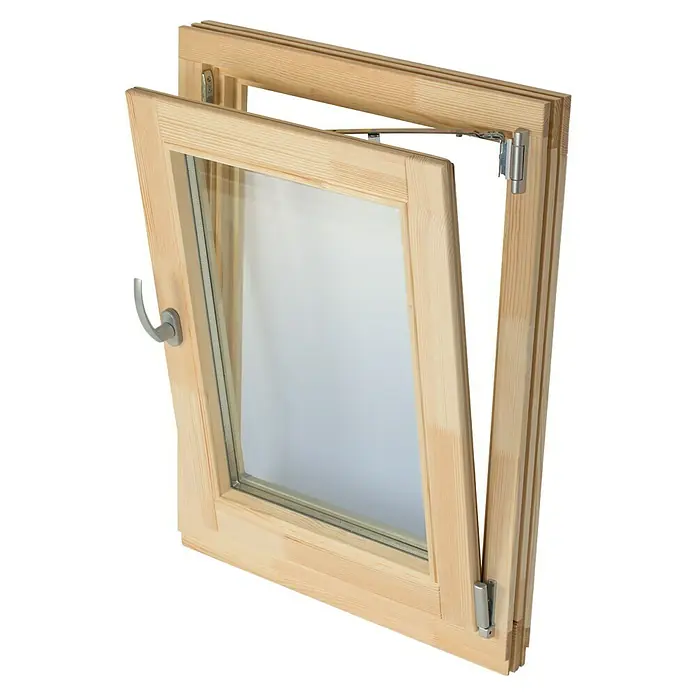 Panto Holzfenster - 80 x 100 cm, Verglasung: 2-fach, DIN Anschlag: Rechts, Natur - Teilweise geöffnetes Fenster aus hellem Holz mit Glas und Metallbeschlägen.