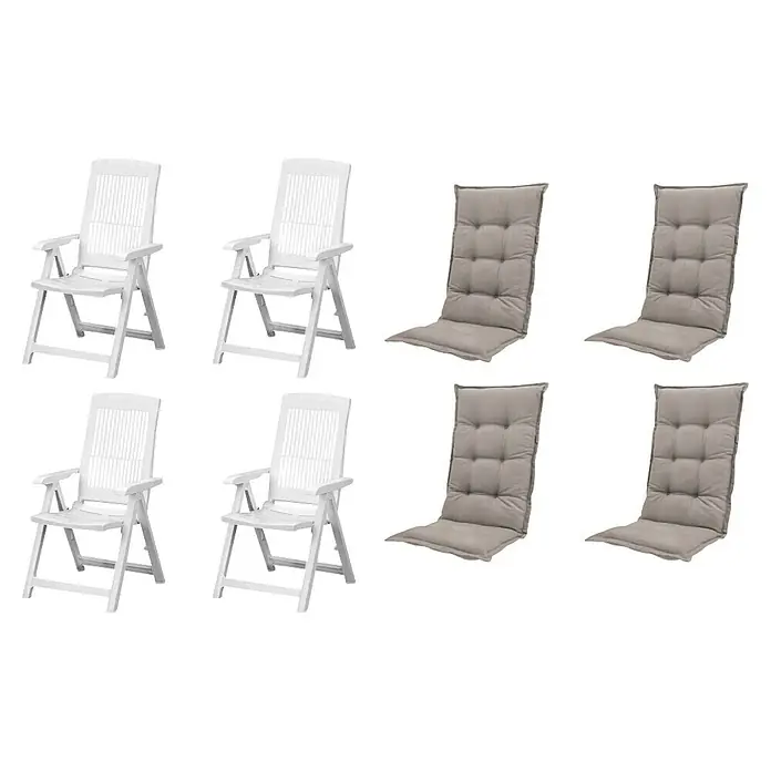 Progarden Gartenstuhl-Set Tampa - 8 Stk., Polypropylen, Polyester, Baumwolle, Weiß/Taupe, B x T x H: 61 x 60 x 109 cm - Weiße Klappgartenstühle und graue gepolsterte Auflagen für Gartenstühle.