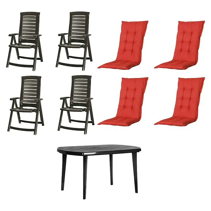 Progarden Gartenmöbel-Set Aruba/Elise - 9 -tlg., Polypropylen, Polyester, Baumwolle, Rot - Ovaler dunkelgrauer Gartentisch, vier passende Stühle und vier rote Sitzkissen.