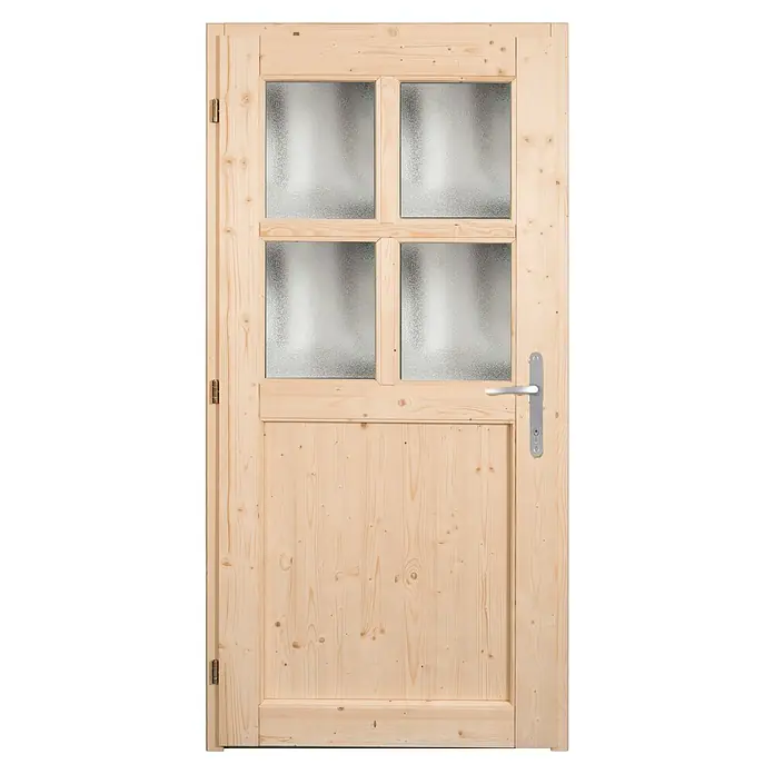 Panto Nebeneingangstür NET 502 - 98 x 198 cm, DIN Anschlag: Links - Helle Kiefernholztür mit vier satinierten Glasscheiben, silbernem Griff und sichtbaren Scharnieren.