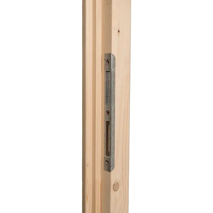 Panto Nebeneingangstür NET 502 - 98 x 198 cm, DIN Anschlag: Rechts - Silberner Metall-Einsteckriegel in hellem Holz-Türrahmen.