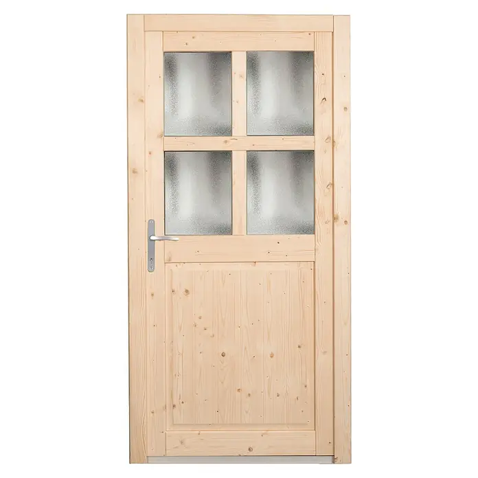 Panto Nebeneingangstür NET 502 - 98 x 198 cm, DIN Anschlag: Links - Helle Holztür mit vier satinierten Glasscheiben und einem silbernen Griff.