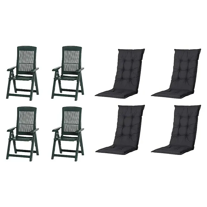 Progarden Gartenstuhl-Set Tampa - 8 Stk., Polypropylen, Polyester, Baumwolle, Grün/Schwarz, B x T x H: 61 x 60 x 109 cm - Dunkelgrüne Gartenstühle aus Kunststoff und dunkelgraue Stuhlkissen aus Stoff.