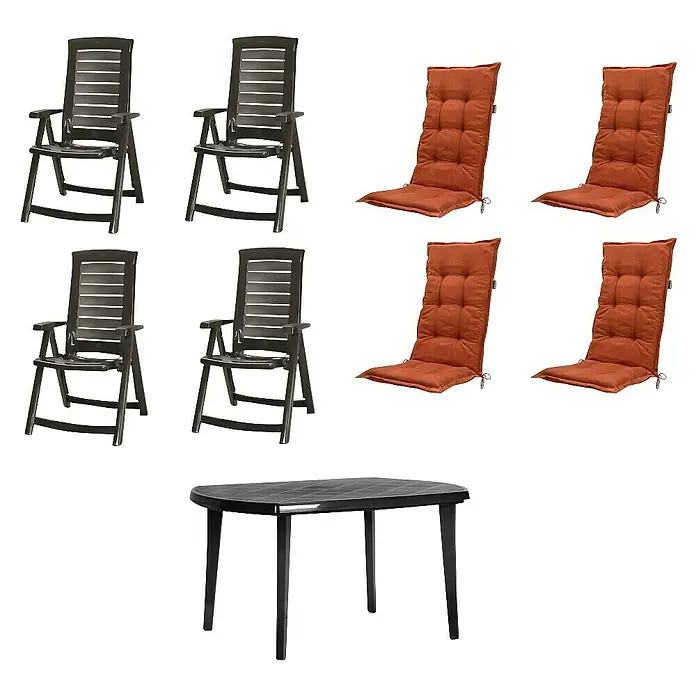 Progarden Gartenmöbel-Set Aruba/Elise - 9 -tlg., Polypropylen, Polyester, Baumwolle, Terra - Set aus vier anthrazitfarbenen Gartenstühlen, vier rostfarbenen Auflagen und einem anthrazitfarbenen ovalen Gartentisch.