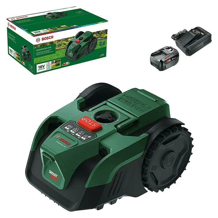 Bosch Power for All 18V Mähroboter VISIMOW 18V-100 - 100 m², Schnittbreite: 16 cm, Kamera-gestützte Navigation, Ultraschallsensorik, 1 Akku - Grüner und schwarzer Bosch Mähroboter mit Akku, Ladegerät und Verpackung.