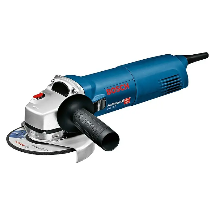 Bosch Professional Elektro-Winkelschleifer GWS 1400 - Durchmesser Scheibe: 125 mm, Leerlaufdrehzahl: 11.800 U/min - Blaue und silberne Bosch-Winkelschleifer mit schwarzem Zusatzhandgriff und Schleifscheibe, schräge Ansicht.