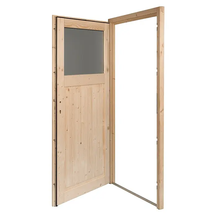 Panto Nebeneingangstür NET 504 - 98 x 198 cm, DIN Anschlag: Links - Helle Naturholztür mit Milchglasscheibe, teilweise geöffnet mit Rahmen.