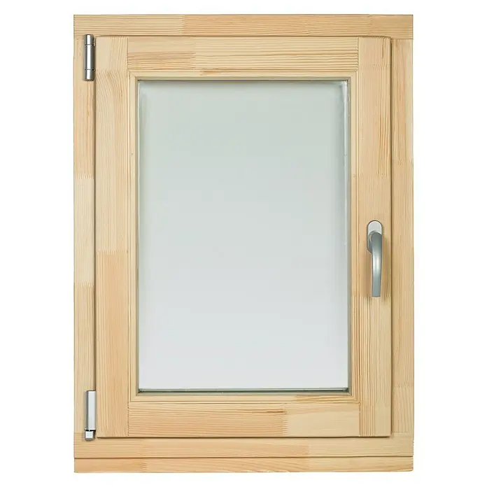 Panto Holzfenster - 60 x 60 cm, Verglasung: 2-fach, DIN Anschlag: Links, Natur - Helles Holzfenster mit Klarglasscheibe, silbernem Griff und Scharnieren.