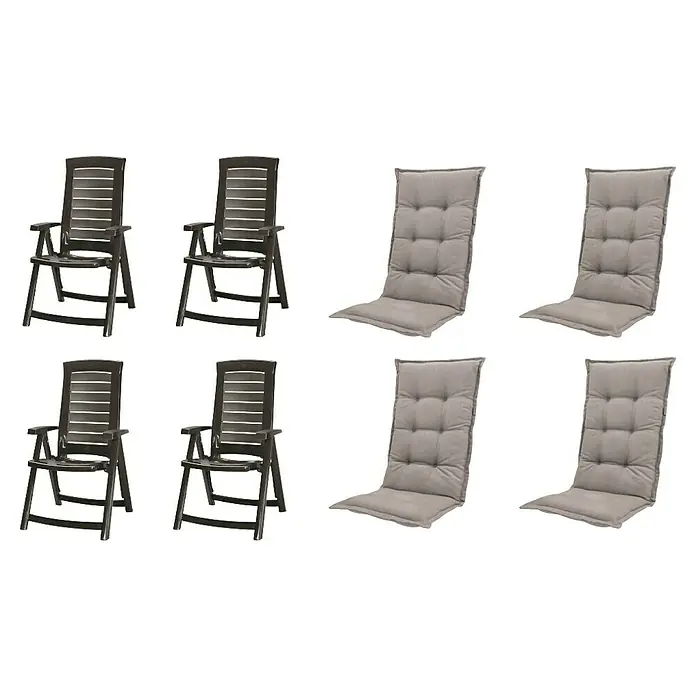 Progarden Gartenstuhl-Set Aruba - 8 Stk., Polypropylen, Polyester, Baumwolle, Taupe, B x T x H: 61 x 60 x 109 cm - Vier dunkelbraune Gartenstühle aus Kunststoff und vier graue Sitzkissen.