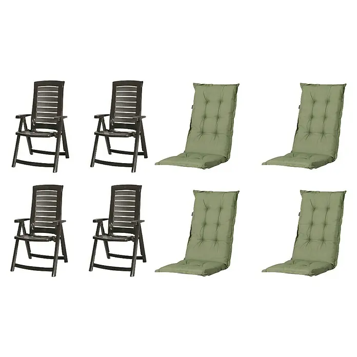 Progarden Gartenstuhl-Set Aruba - 8 Stk., Polypropylen, Polyester, Baumwolle, Grün, B x T x H: 61 x 60 x 109 cm - Zwei dunkelbraune Plastik-Gartenstühle und vier grüne, gesteppte Auflagen für den Außenbereich.