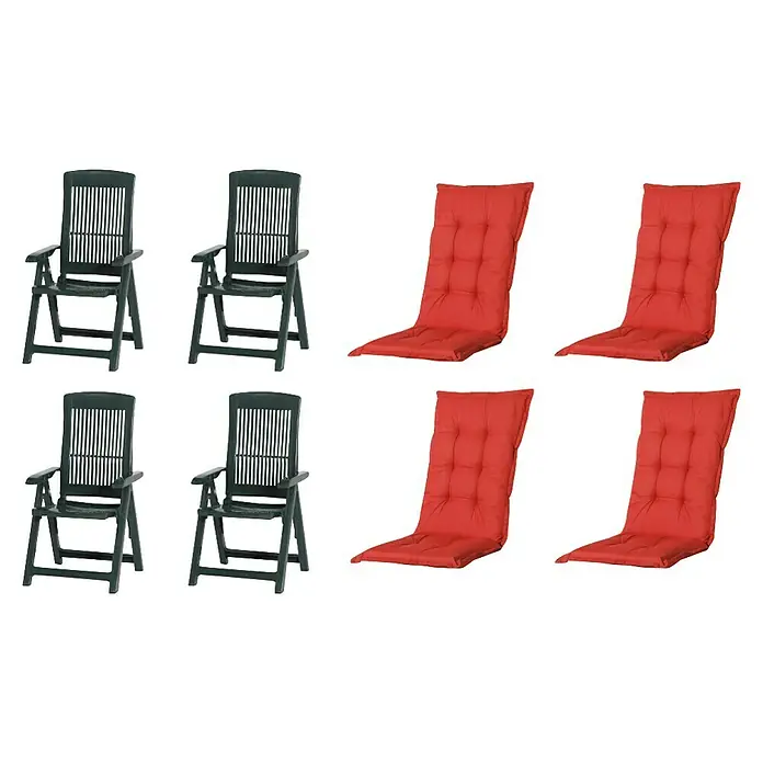 Progarden Gartenstuhl-Set Tampa - 8 Stk., Polypropylen, Polyester, Baumwolle, Grün/Rot, B x T x H: 61 x 60 x 109 cm - Vier dunkelgrüne Klappgartenstühle mit vier roten Stuhlkissen.