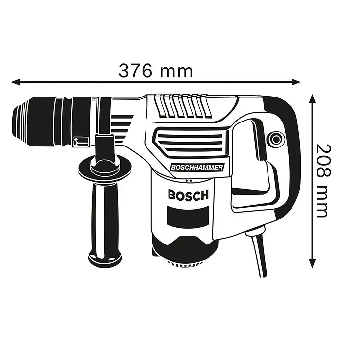 Bosch Professional Abbruchhammer GSH 3 - 650 W, 2,6 J, SDS-Plus-Aufnahme - Schwarz-weiße Strichzeichnung eines Bosch Bohrhammers mit Zusatzgriff und Abmessungen 376x208mm.